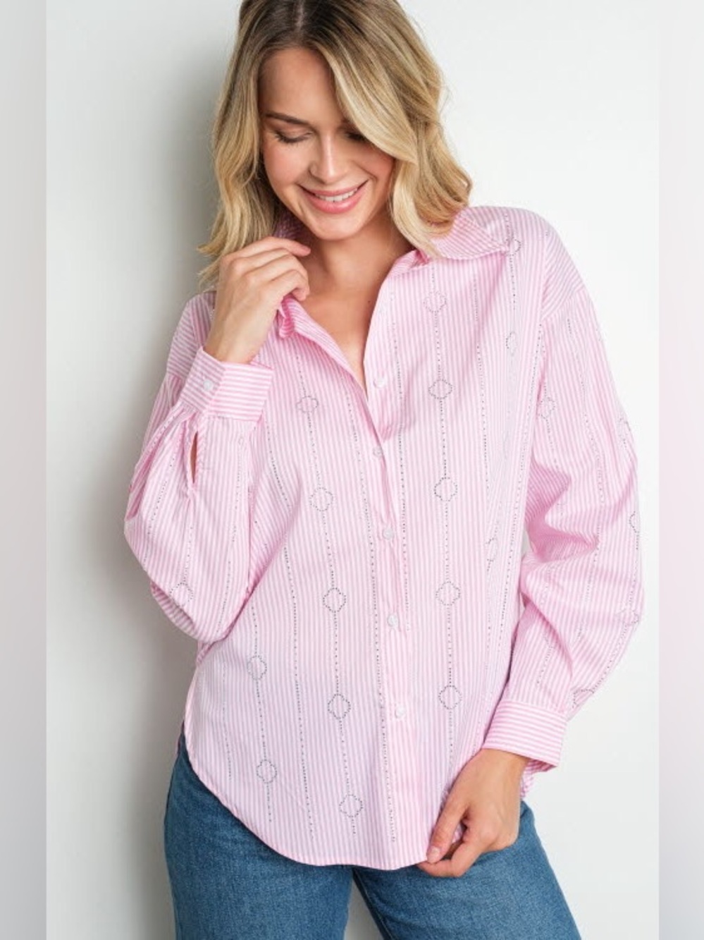 Classic Pink Striped Button-Down Shirt with rhinestone details
